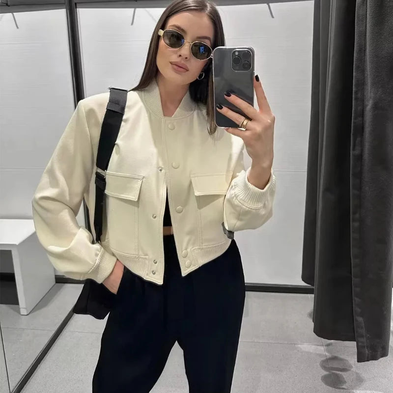 Cropped Bomber Jacket – Autumn/Winter Aviator Coat, Long Sleeve Outerwear