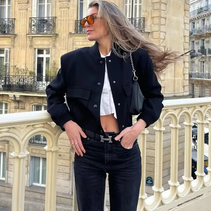 Cropped Bomber Jacket – Autumn/Winter Aviator Coat, Long Sleeve Outerwear