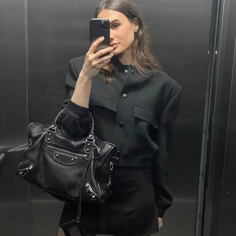 Cropped Bomber Jacket – Autumn/Winter Aviator Coat, Long Sleeve Outerwear